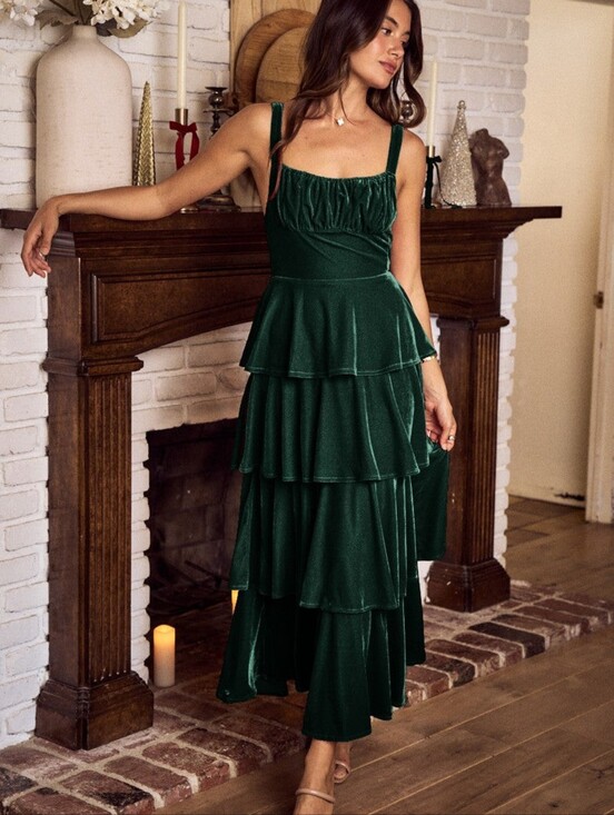 Dresses & Skirts - Green Velvet Tiered Maxi Dress, S